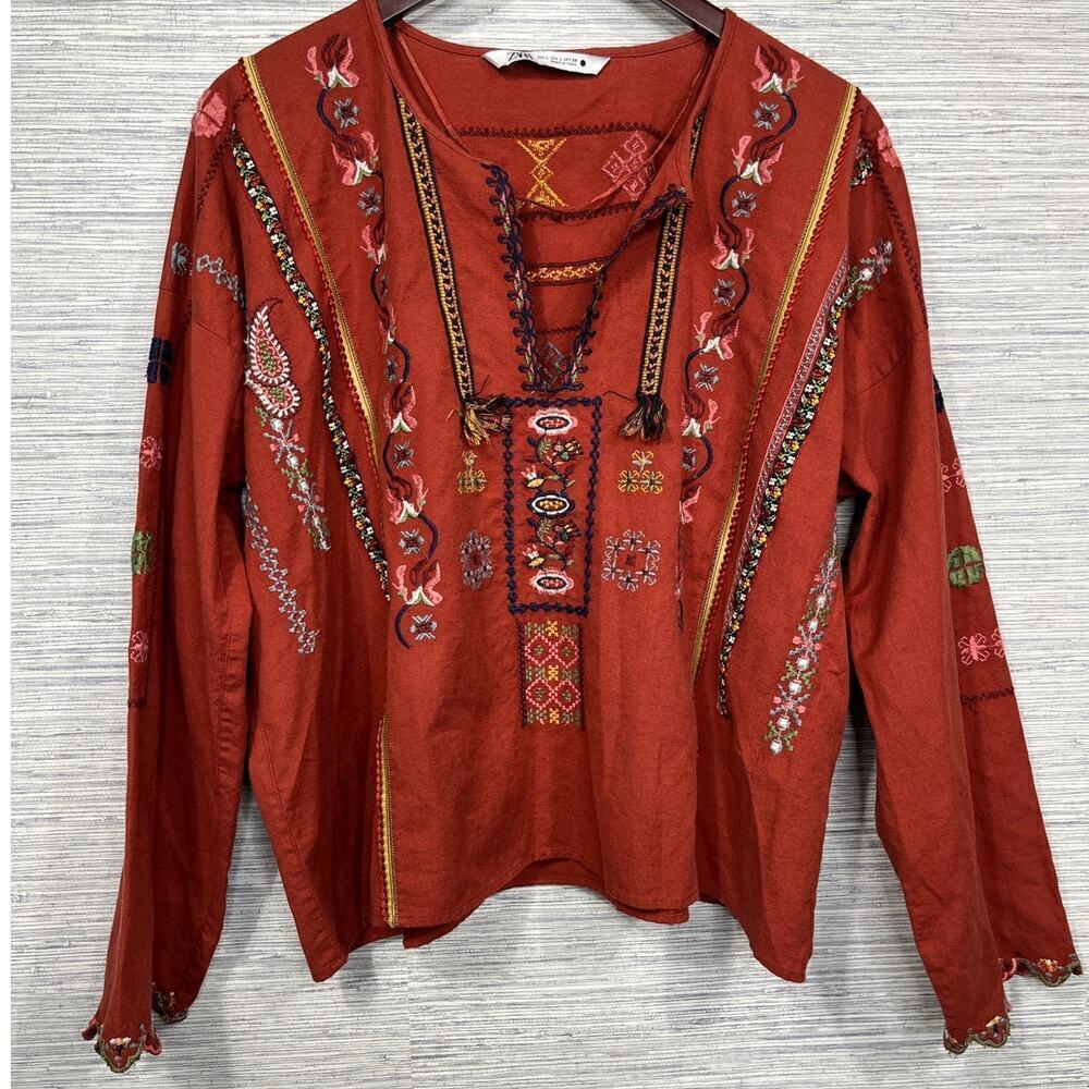 Zara Embroidered Boho Blouse Brick Top / Size-Large